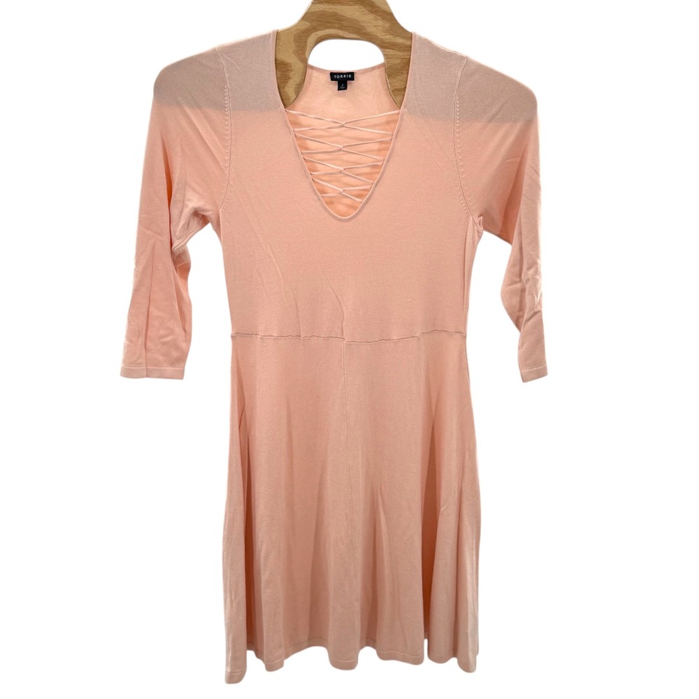 Torrid size 2 Knit Dress Fit & Flare Crisscross Neck 3/4 Sleeve Pink Peach 2X